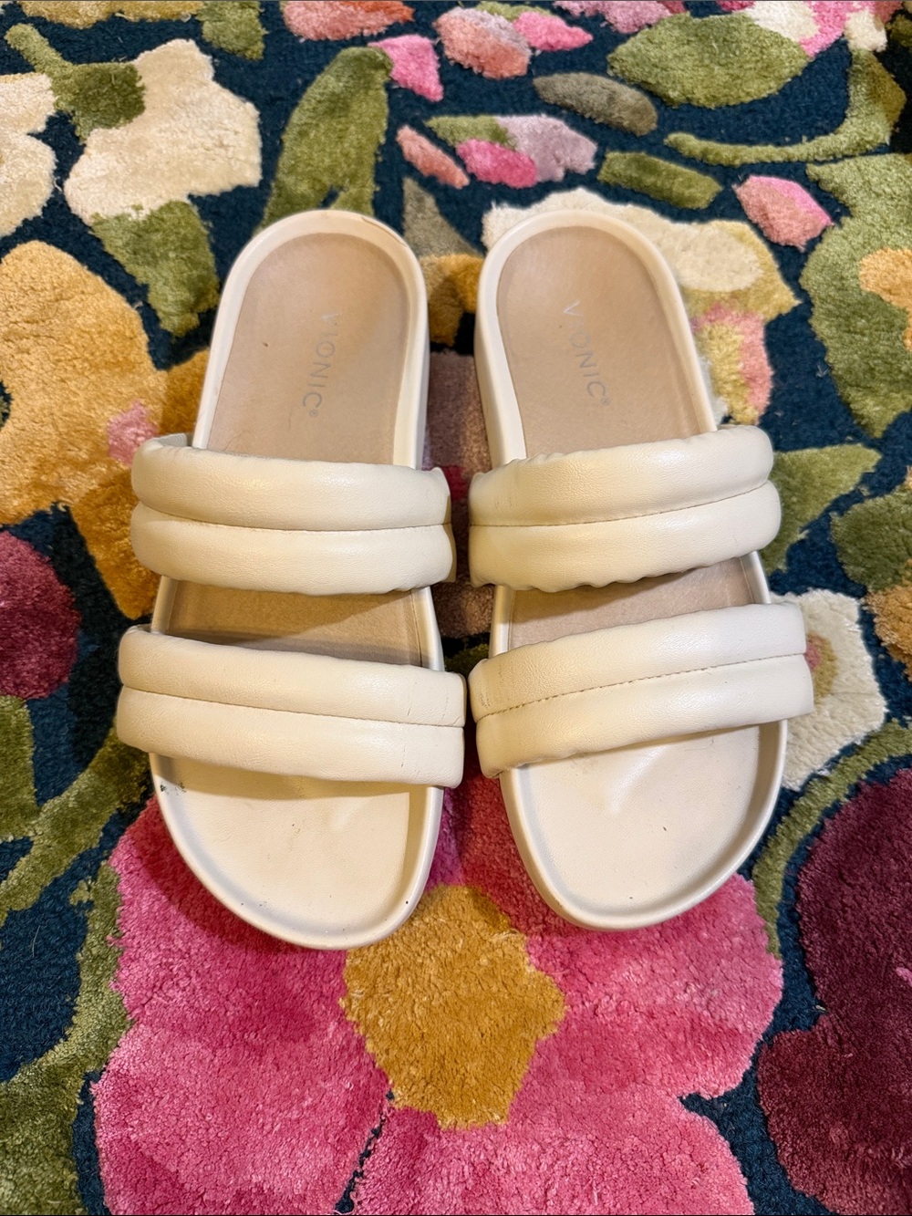 Vionic Cream Double-Strap Padded Slide Sandals
